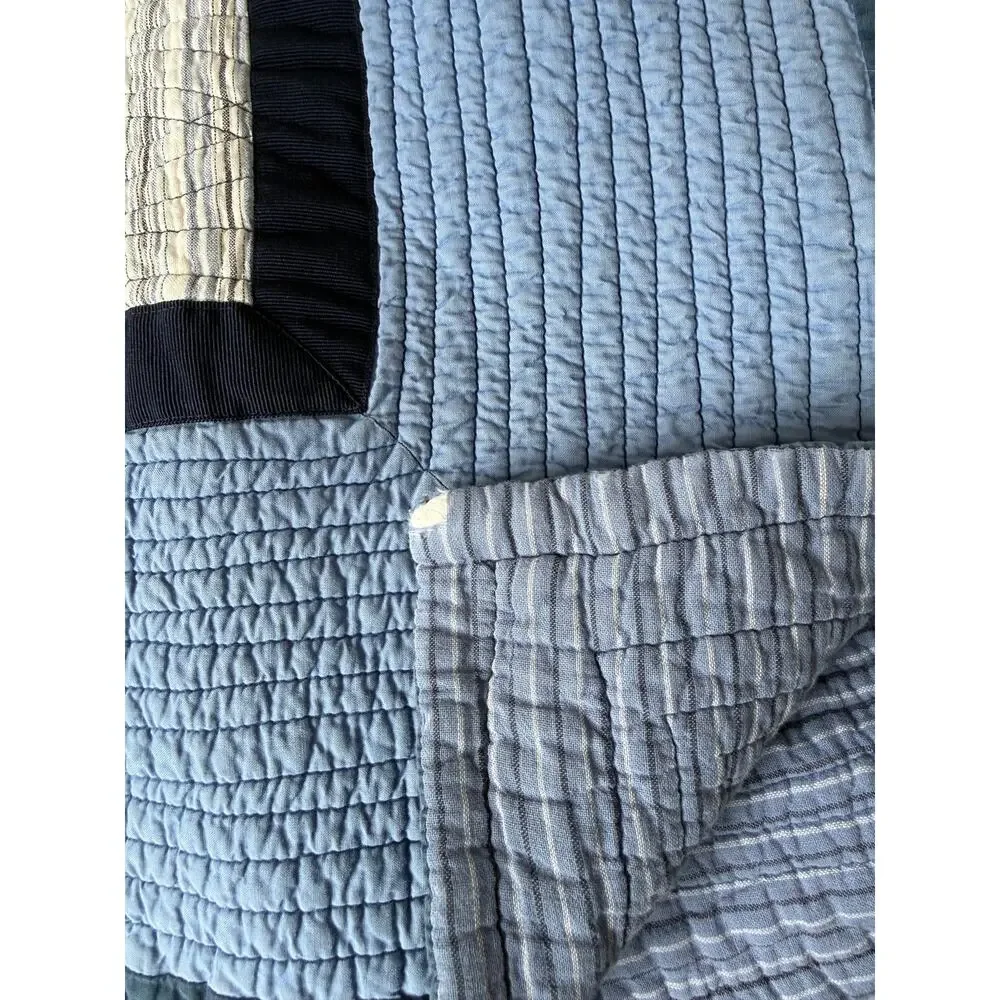 Nautica Coastal Quilt Bedspread Full Queen Blue Plaid Cotton 2 Pillow Shams READ